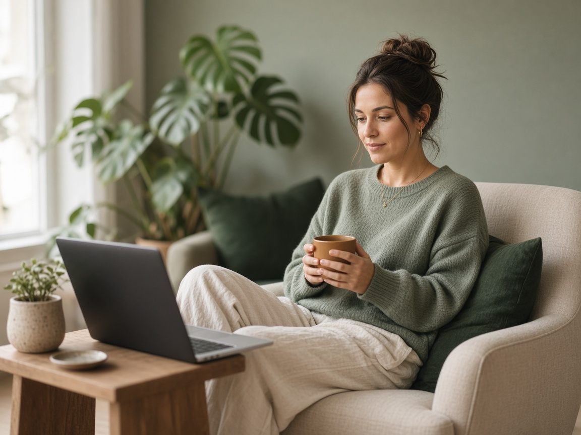 Nő otthon, kényelmes fotelban, laptopon online pszichológiai konzultáción