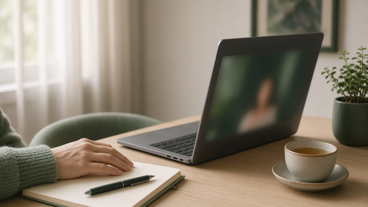 Laptop egy világos, nyugodt szobában online terápiás ülés közben